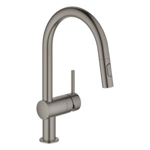 Смеситель для кухни GROHE Minta, однорычажный, с выдвижным изливом и аэратором, С-излив, темный графит матовый (32321AL2)